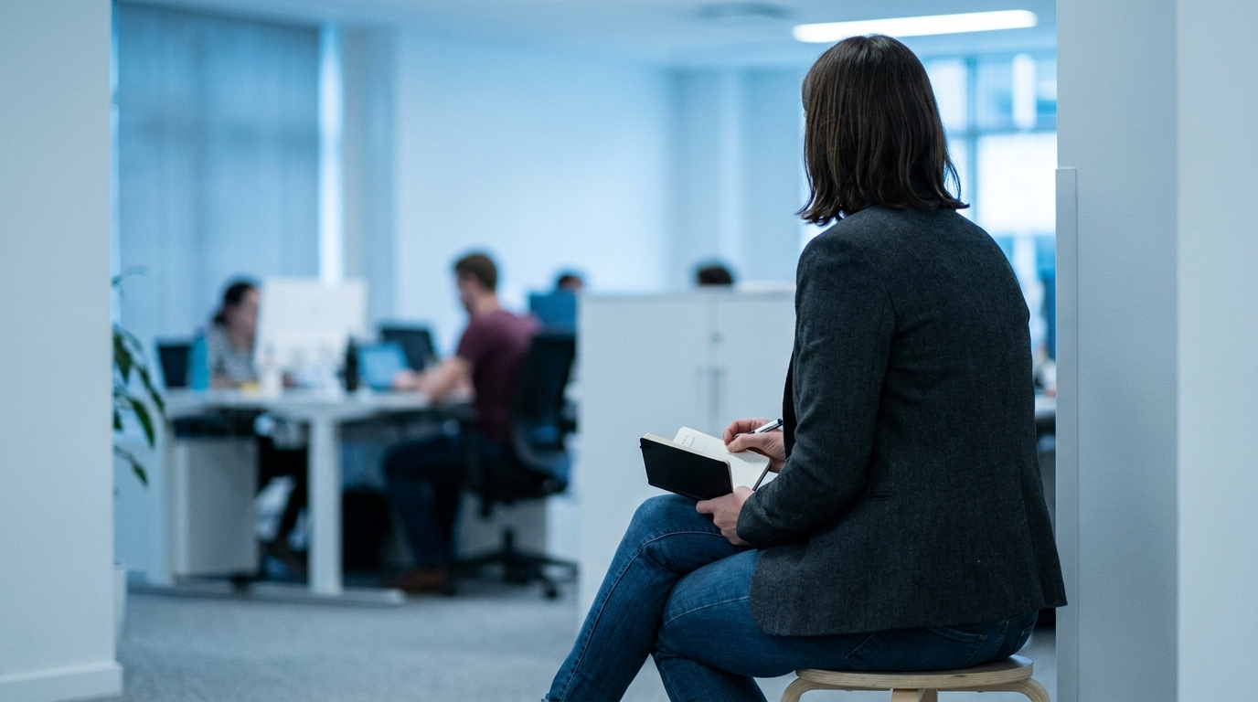 Documentary photo of a UX researcher observing a modern office from a quiet corner. Back view, business casual, holding a small notebook. Soft blue ambient light, shallow depth of field. Blurred figures at desks in background. Cinematic, minimalist. Cool blue and white color palette.