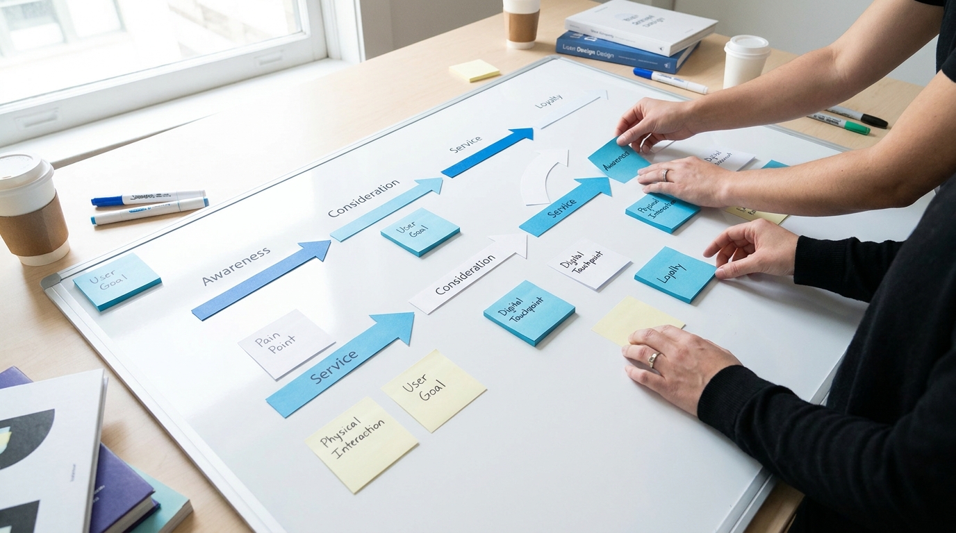 Top-down photo of hands arranging sticky notes and flow arrows on a large white whiteboard. Service journey map taking shape. Soft natural light, workshop atmosphere. Clean, minimalist design thinking aesthetic. Blue and white color palette with subtle sticky note accent colors.