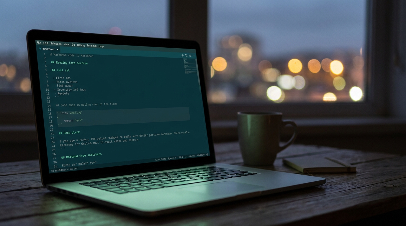 Close-up photo of a laptop screen showing clean Markdown code, with soft mint-green glow reflecting on the wooden desk. Dark room, late evening. Subtle bokeh of distant city lights through window. Minimalist desk setup. Cinematic, focused programmer's workspace.