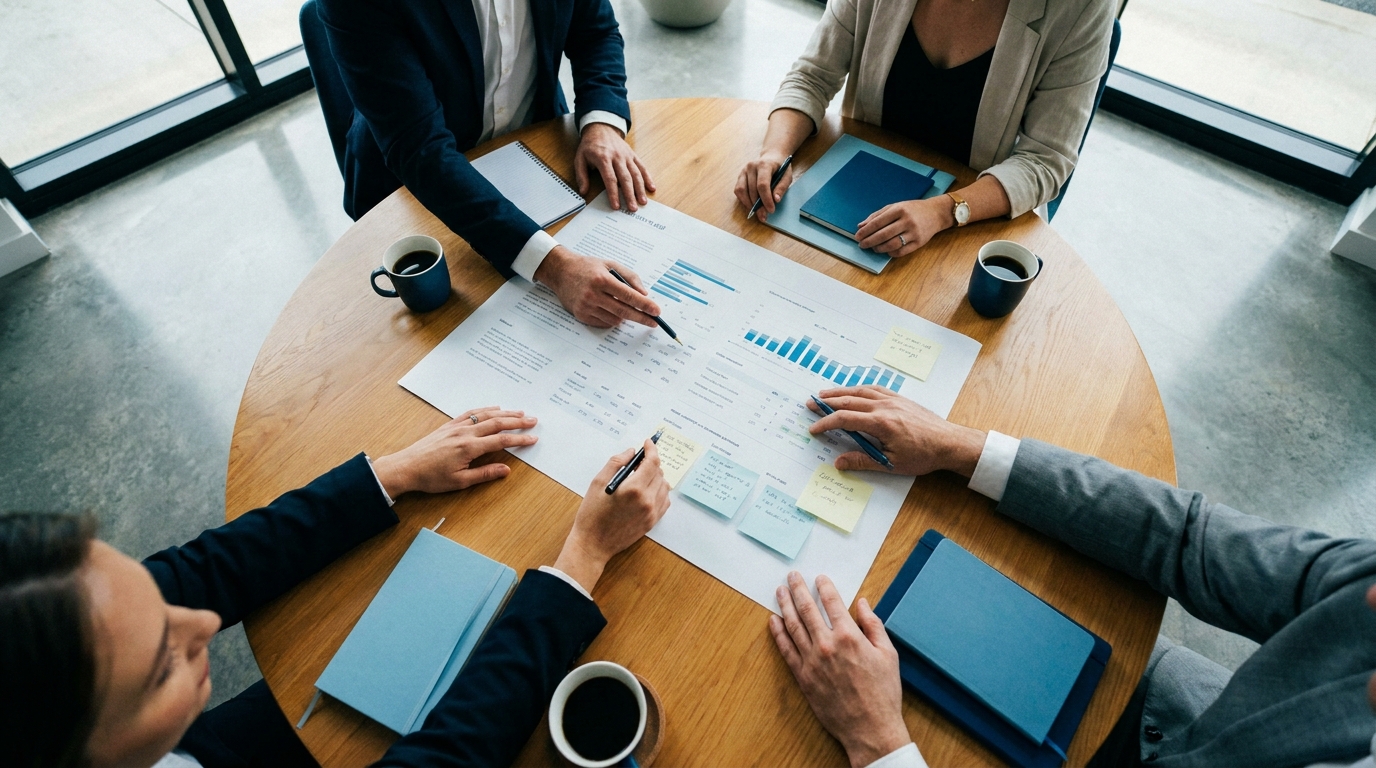 Top-down photo of four professionals around a round wooden table, reviewing a printed document together. Hands and arms in focus, faces out of frame. Soft natural light. Modern minimalist meeting room. Documentary photography style, collaborative gesture. Calm blue and warm wood color palette.